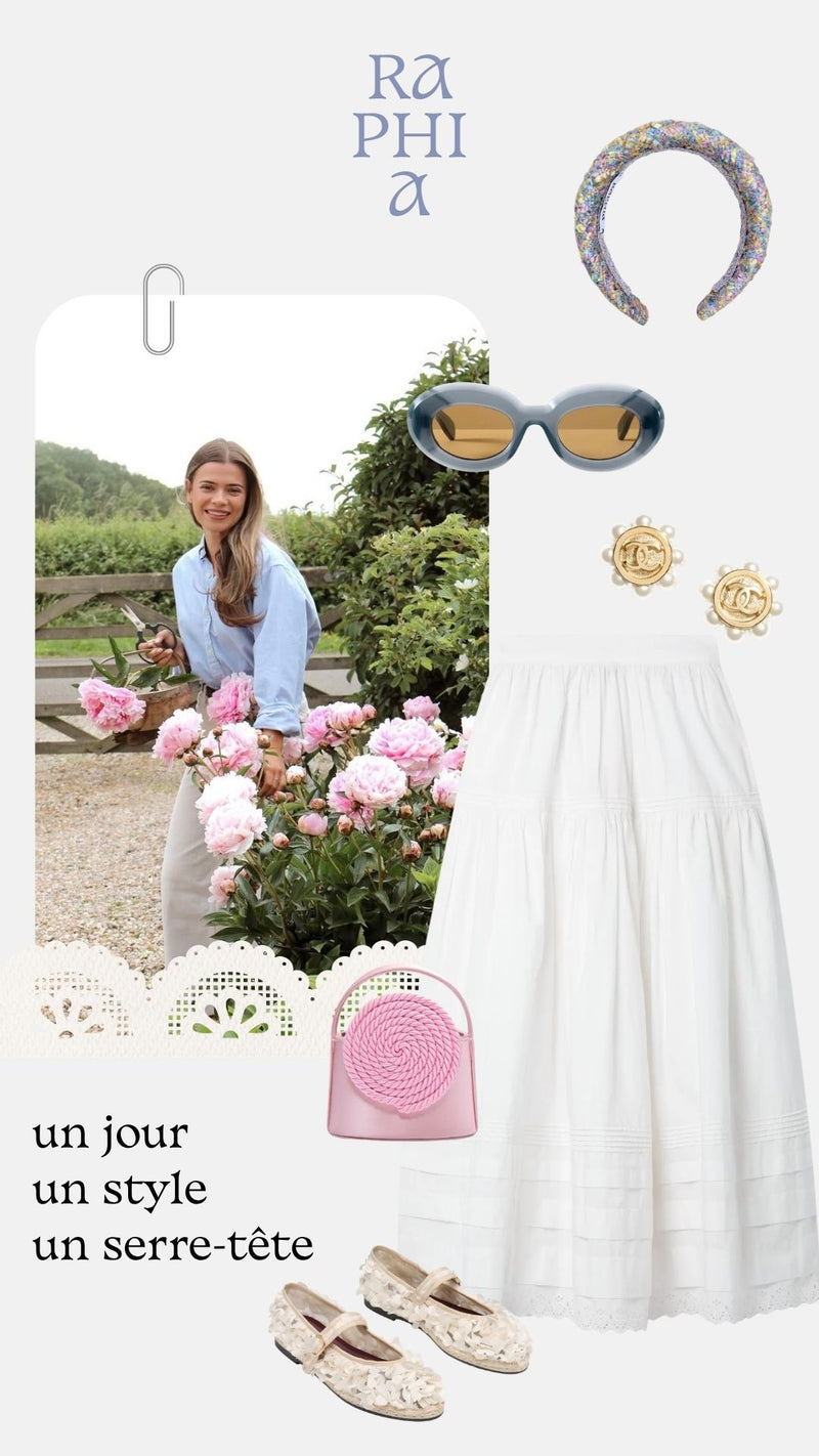 Tenue robe blanche et accessoire rose et beige et serre-tête tweed rose 