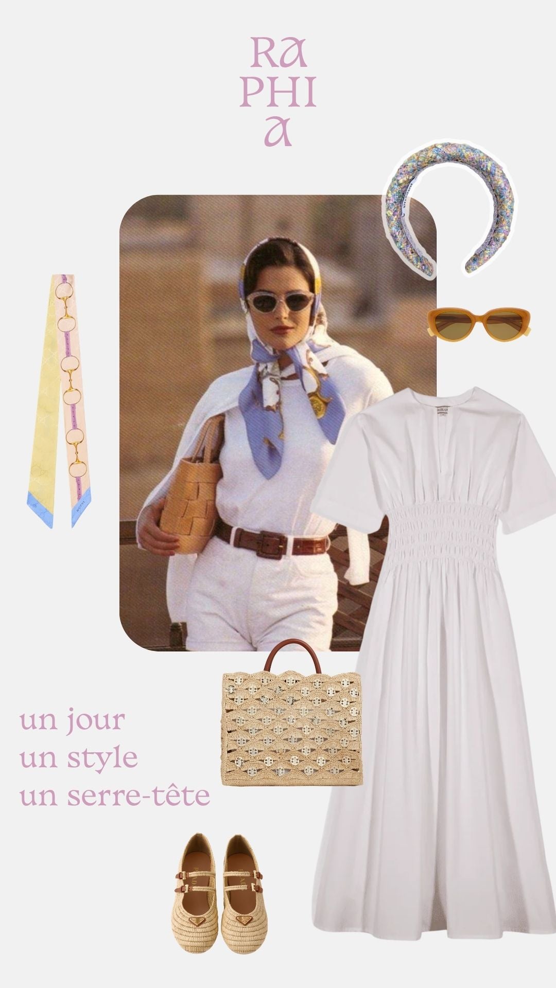 Tenue chic voyage robe et serre-tête et accessoires raphia