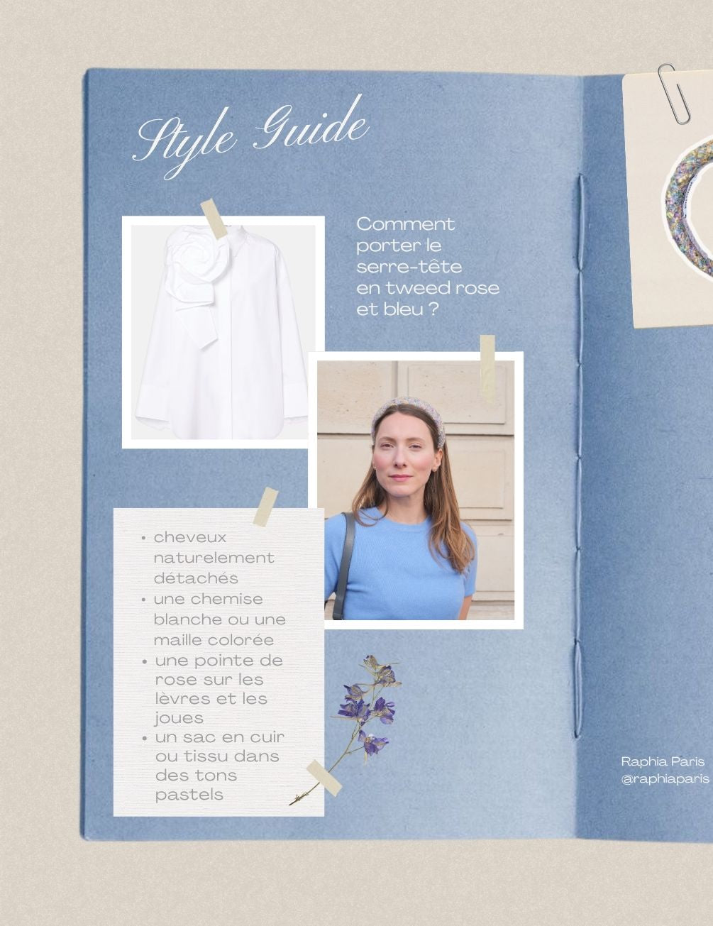 tenue élégante bleu avec serre tête en tweed rose