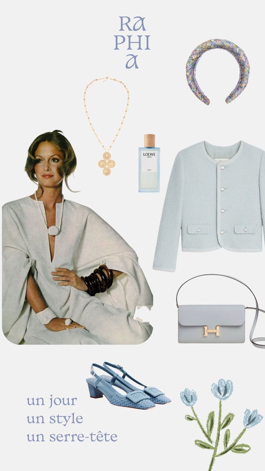 Tenue de soirée avec accessoires bleu clair et serre-tête tweed rose