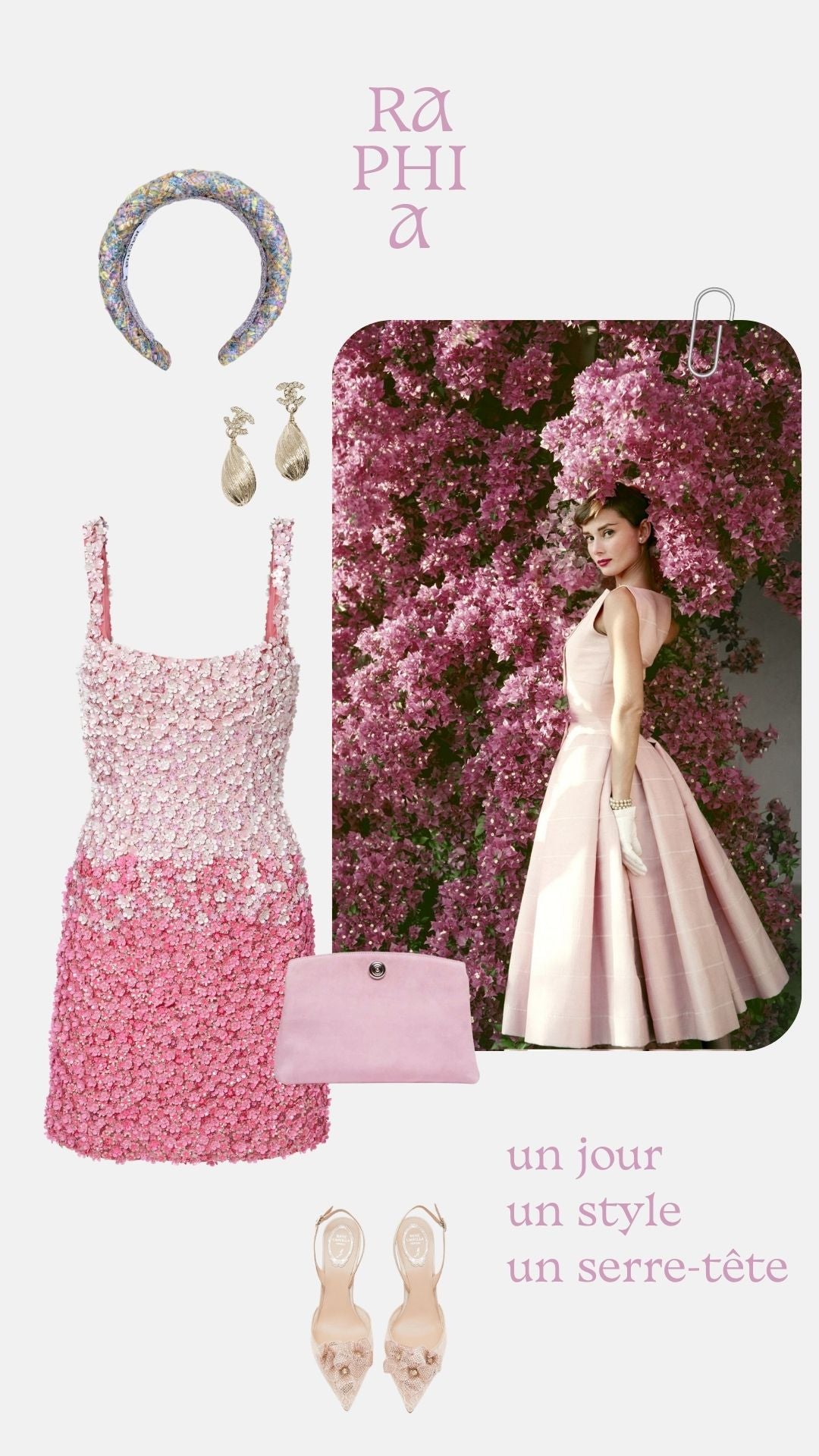 Tenue mariage rose accessoires roses et serre-tête tweed rose