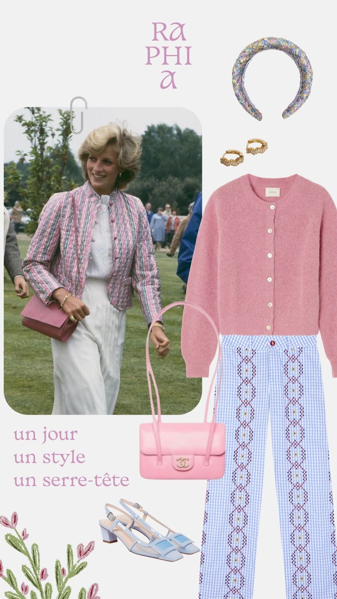 Tenue pantalon et pull rose bleu avec serre-tête tweed rose